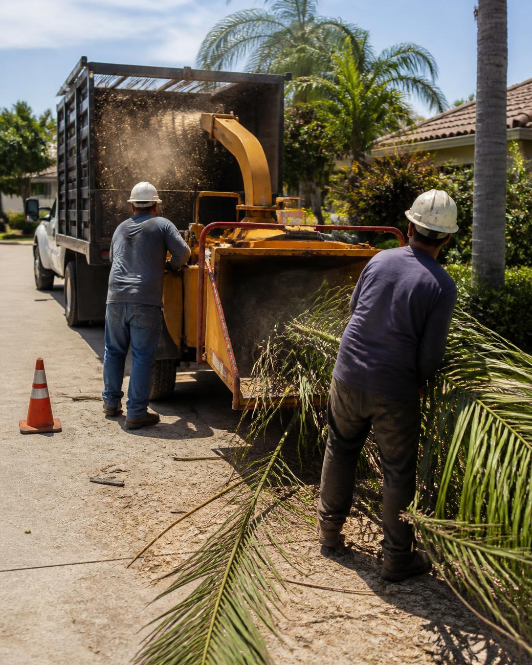 Carrillo's Tree Service crew chipping brush on a Chula Vista driveway